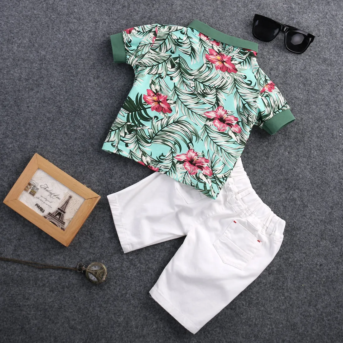 2pcs Toddler Kids Baby Boy Fashion Sets Flower Polo Shirt   White Short Pants Outfits Cotton Summer Clothing Set