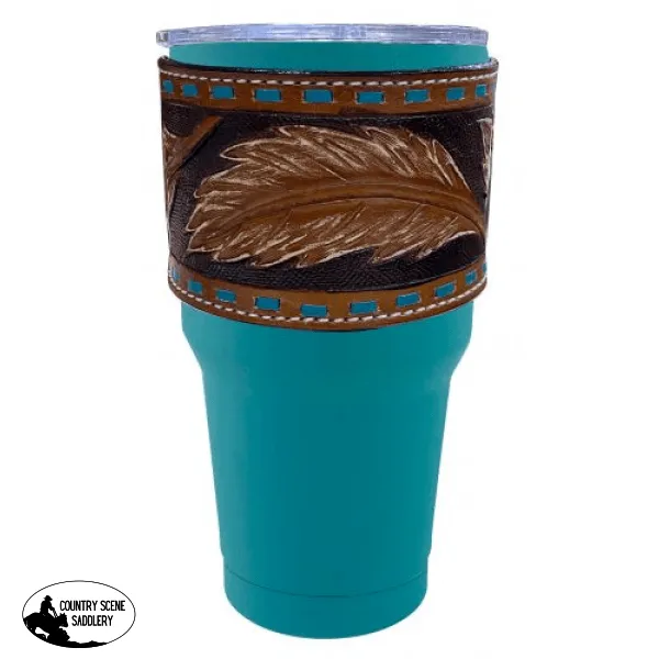 30 oz Insulated Teal Tumbler with Removable Argentina Cow Leather Feather Tooled Sleeve.