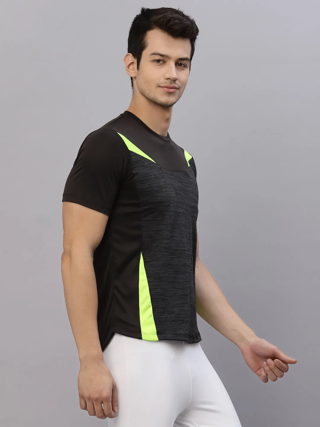 Black Charcoal Cut & Sew Round Neck Half Sleeve Activewear T-Shirt