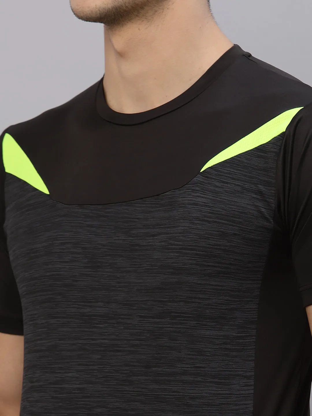 Black Charcoal Cut & Sew Round Neck Half Sleeve Activewear T-Shirt