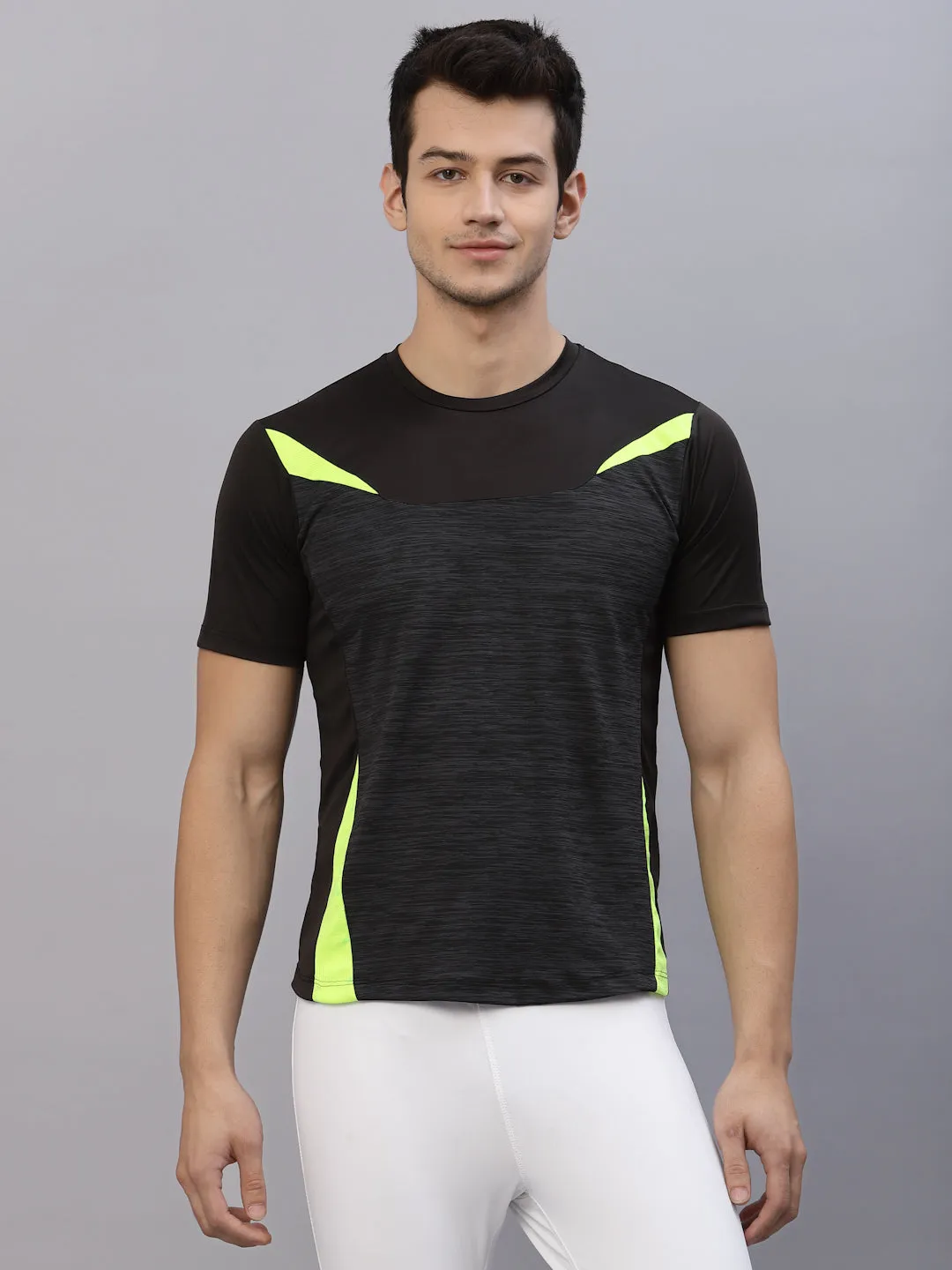 Black Charcoal Cut & Sew Round Neck Half Sleeve Activewear T-Shirt