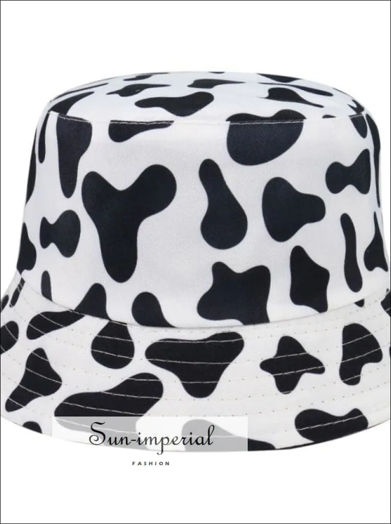 Black function Print Reversible Black White Cow Pattern Women Bucket Hat