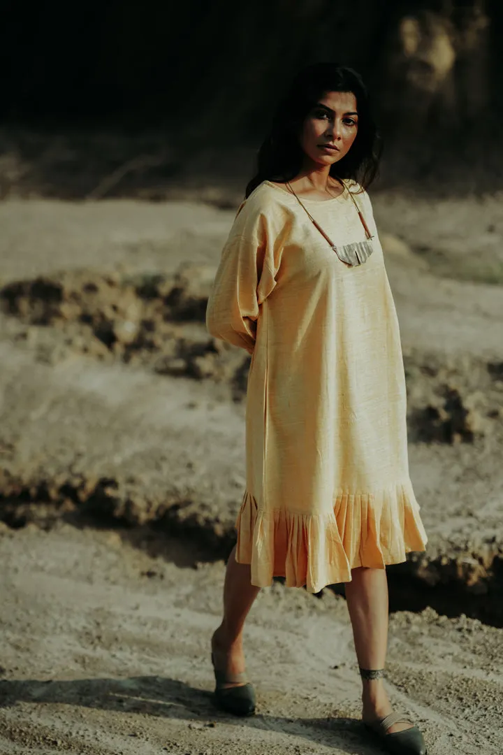 Boat Neck Gathered Yellow Dress