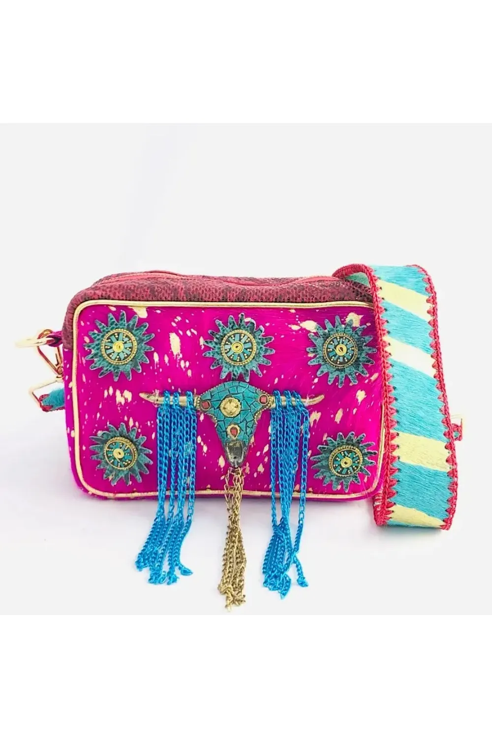 BOHO COW CHAIN CROSS BODY BAG FUCHSIA