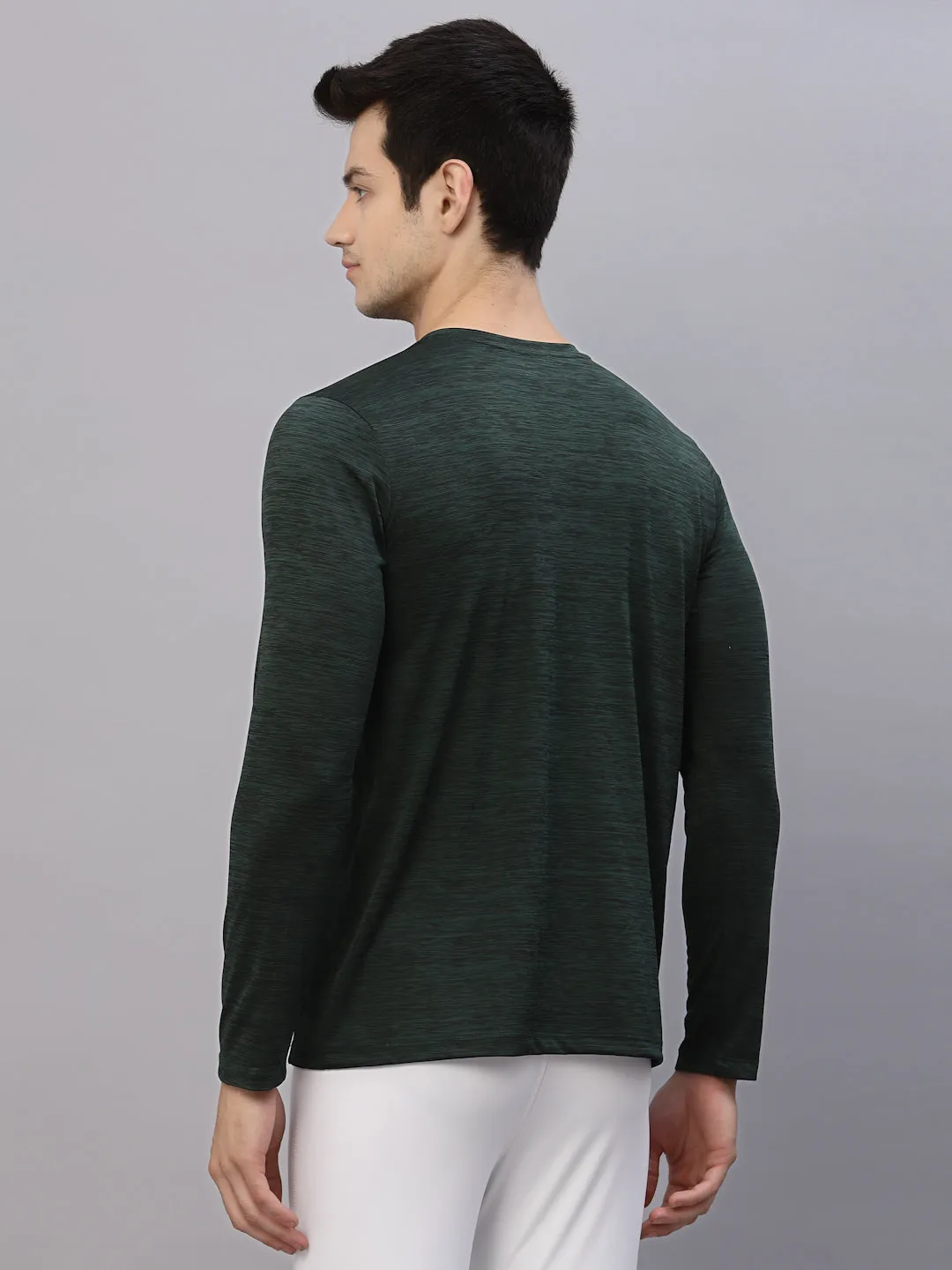 Bottle Green Self Texture Round Neck Full Sleeve Activewear T-Shirt