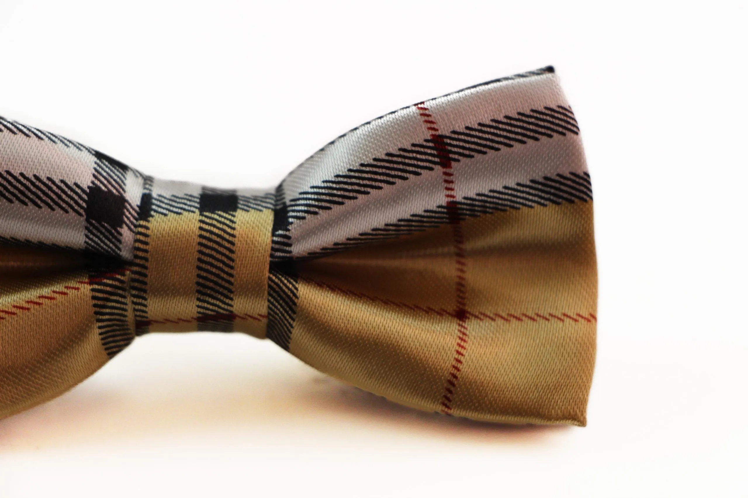 Boys Gold, Black, Red & White Plaid Patterned Bow Tie