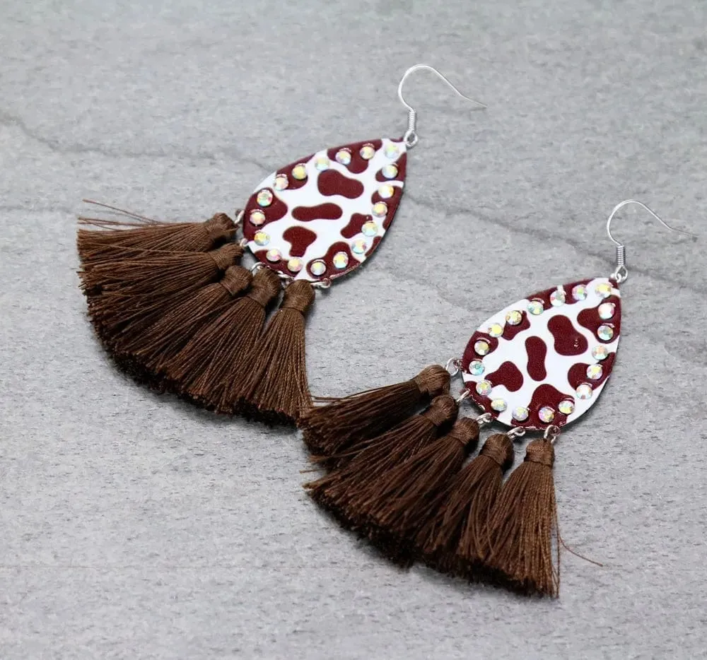 Brown cow tassel earrings