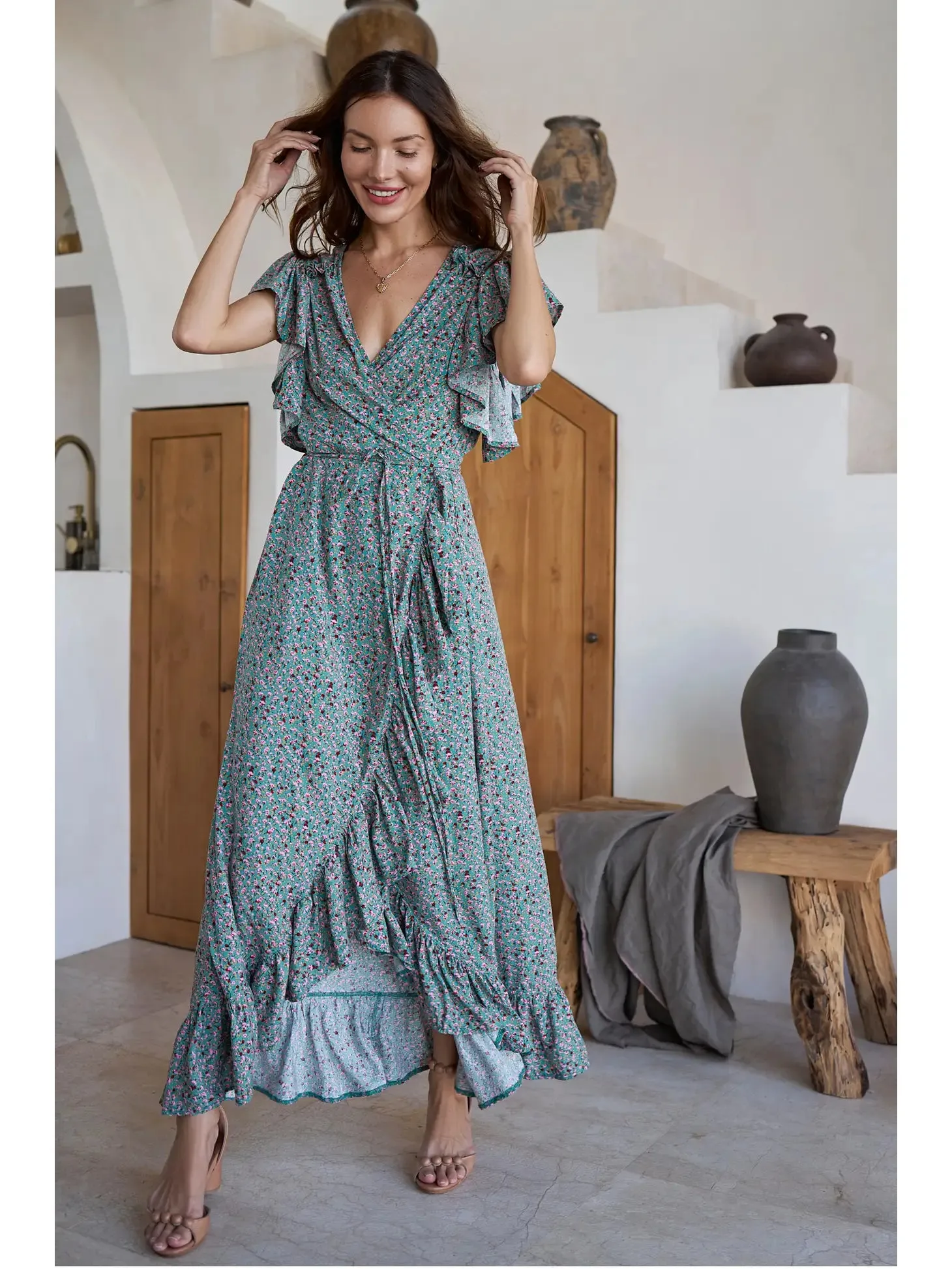 Carmen Wrap Maxi Dress - Green Fields - Final Sale Item