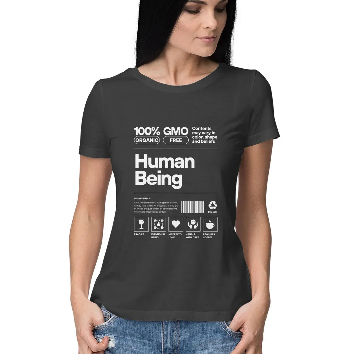 Human Being Typographic Half Sleeves Cotton T-shirt for Women