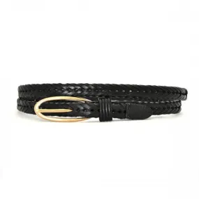 KELLY - Skinny Womens Black Plaited Genuine Leather Belt with Gold Oval Buckle