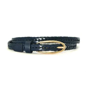 KELLY - Skinny Women's Navy Plaited Genuine Leather Belt with Gold Oval Buckle