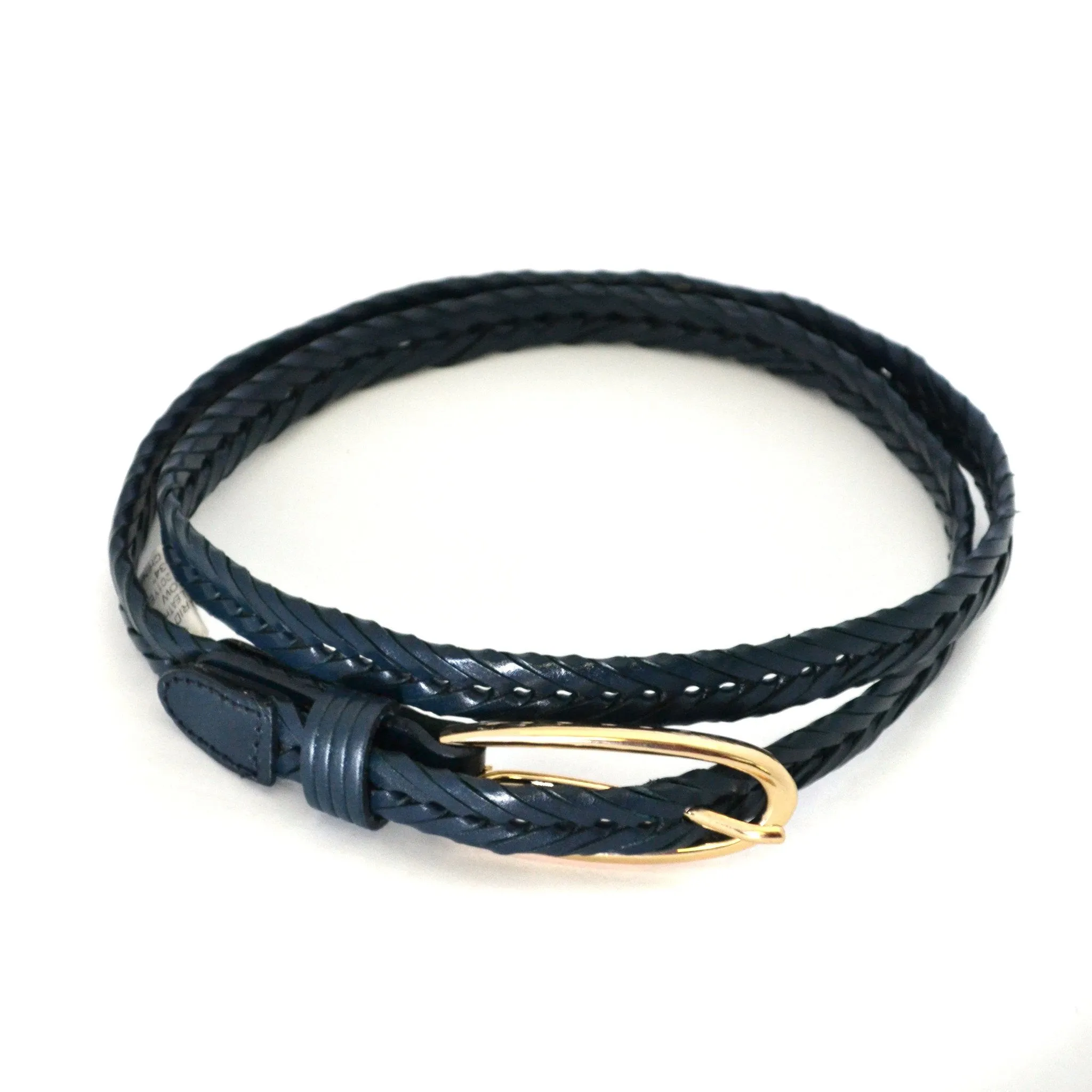 KELLY - Skinny Women's Navy Plaited Genuine Leather Belt with Gold Oval Buckle