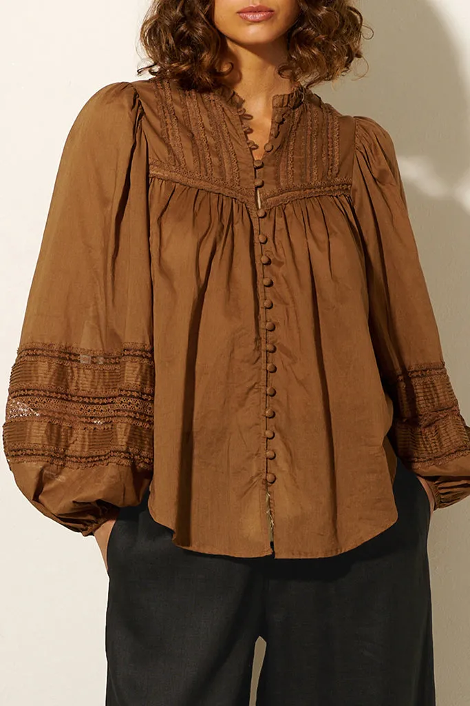 Kivari - Eloise Gathered Lace Blouse - Cinnamon *FINAL SALE