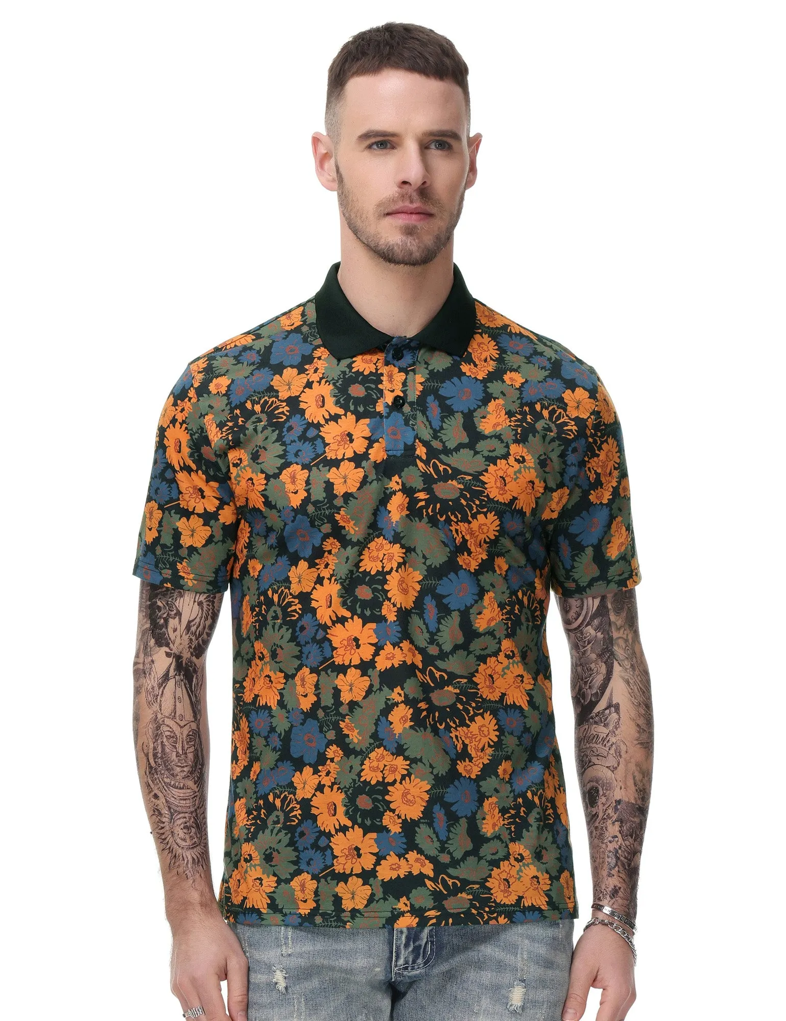 Mens Flower Polo Shirts Vintage Print Casual Tee Pullover Shirts for Summer