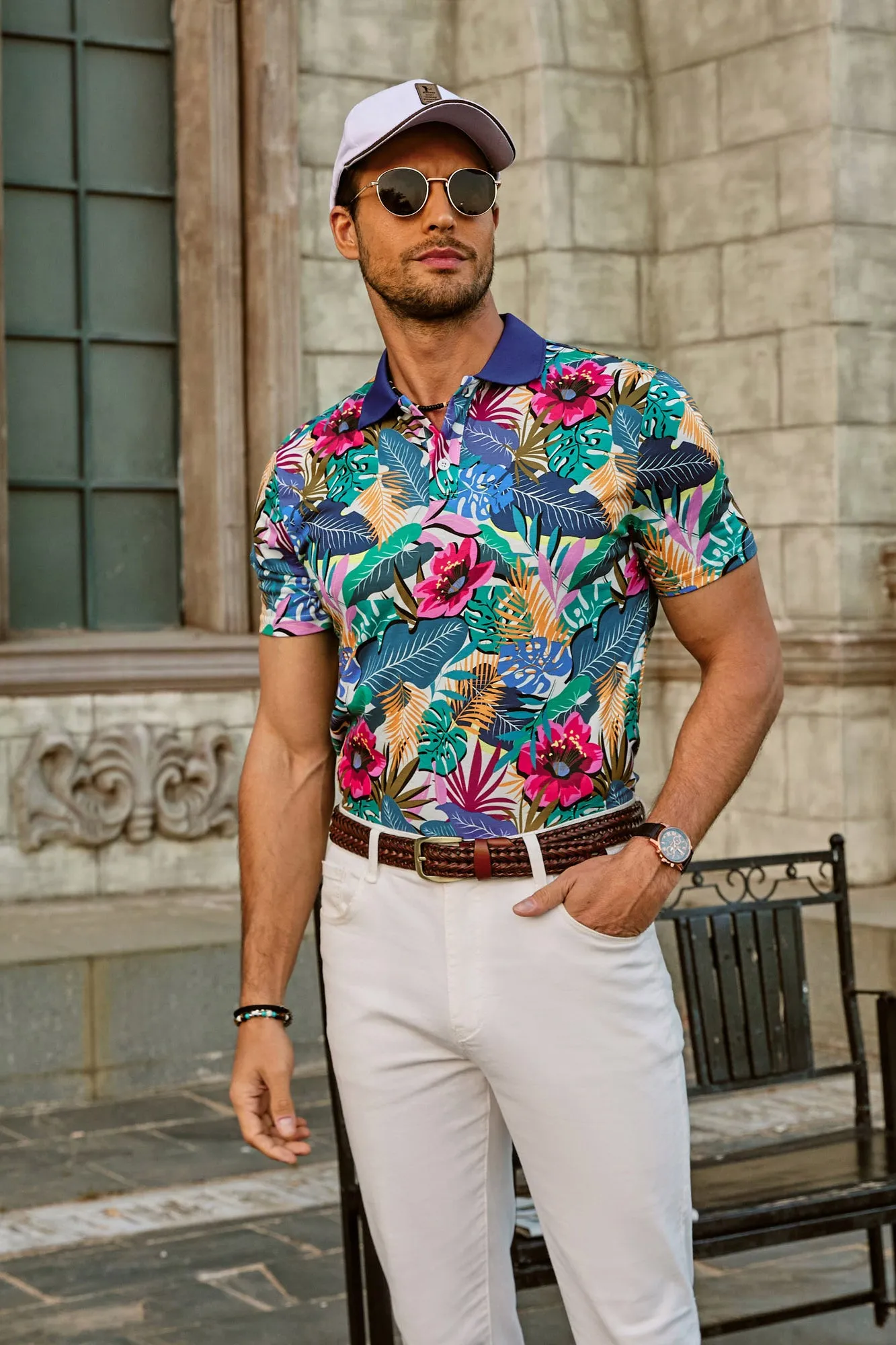 Mens Flower Polo Shirts Vintage Print Casual Tee Pullover Shirts for Summer