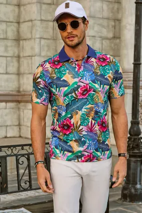 Mens Flower Polo Shirts Vintage Print Casual Tee Pullover Shirts for Summer