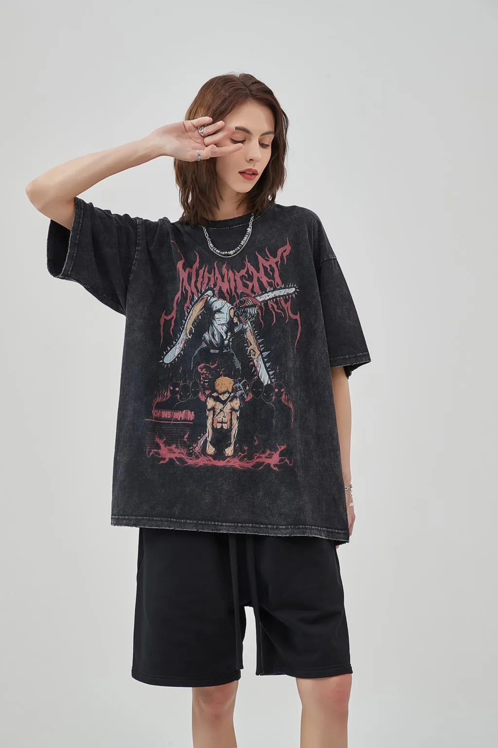 Midnight Anime Graphic Acid Wash T-Shirt