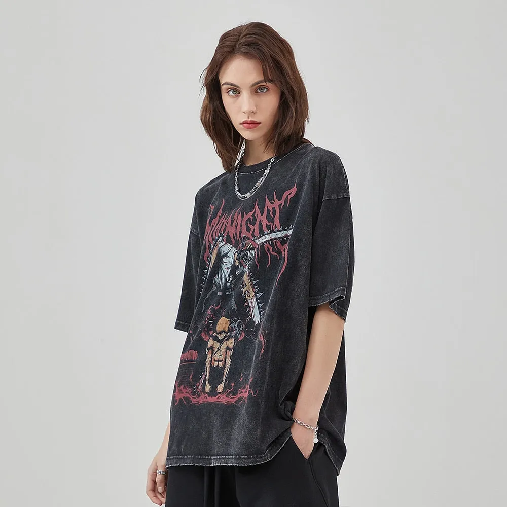 Midnight Anime Graphic Acid Wash T-Shirt