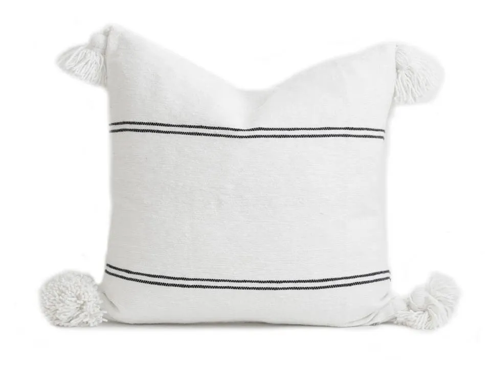 Moroccan Pom Pom Pillow Cover - White with Black Stripes - Souss