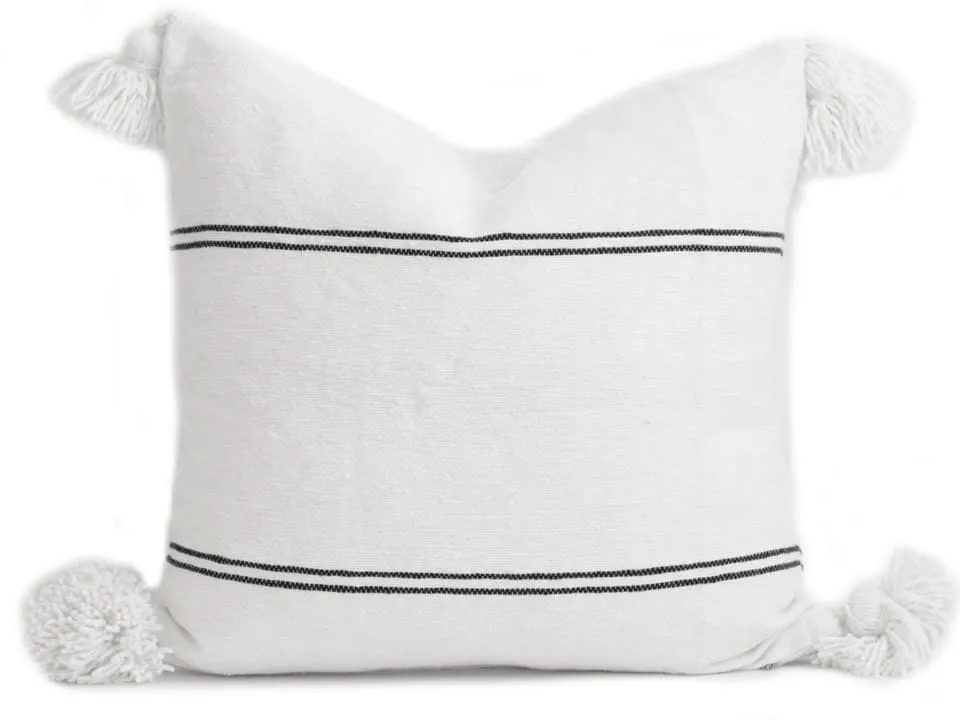 Moroccan Pom Pom Pillow Cover - White with Black Stripes - Souss