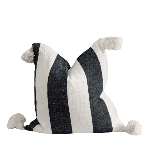 Moroccan Pom Pom Pillow Cover - White with Large Black Stripes - Atlas