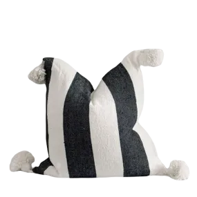 Moroccan Pom Pom Pillow Cover - White with Large Black Stripes - Atlas