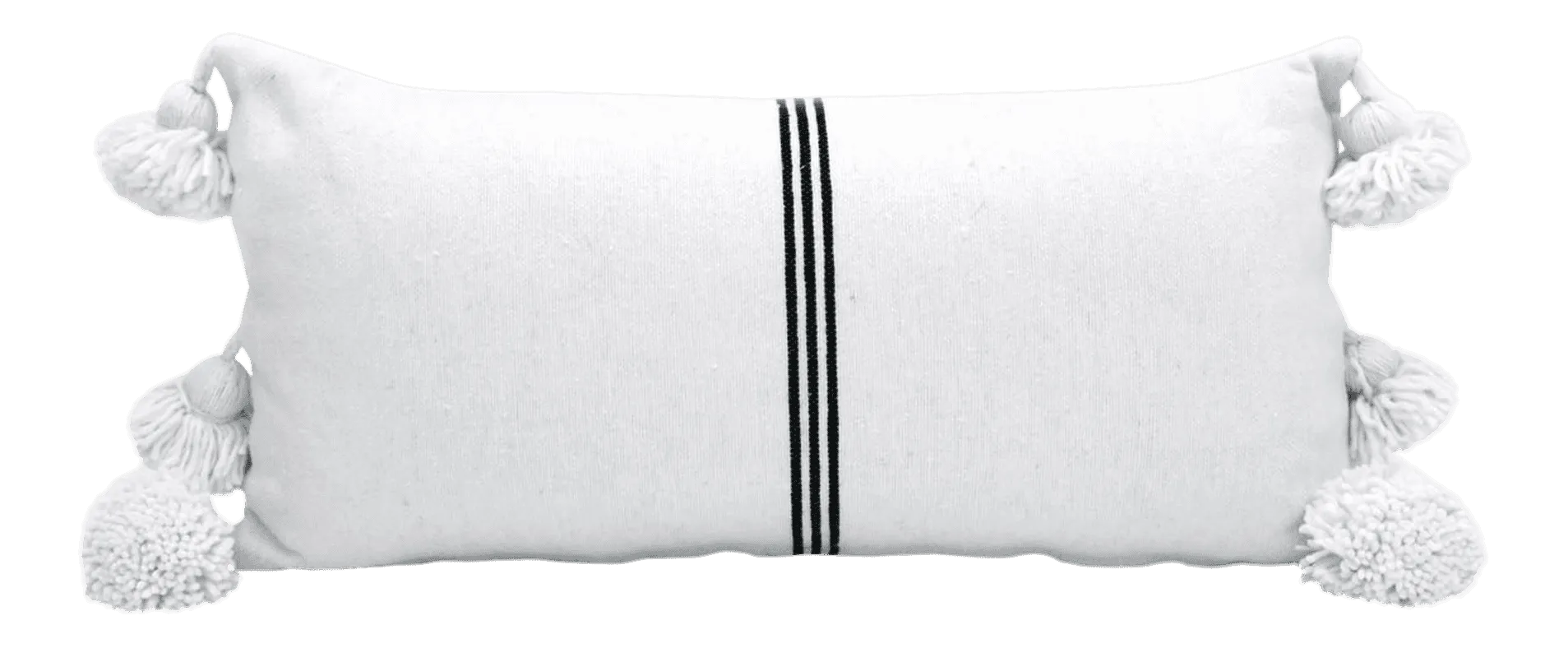 Moroccan PomPom Lumbar Pillow Cover - White with Thin Black Stripes - Dakhla