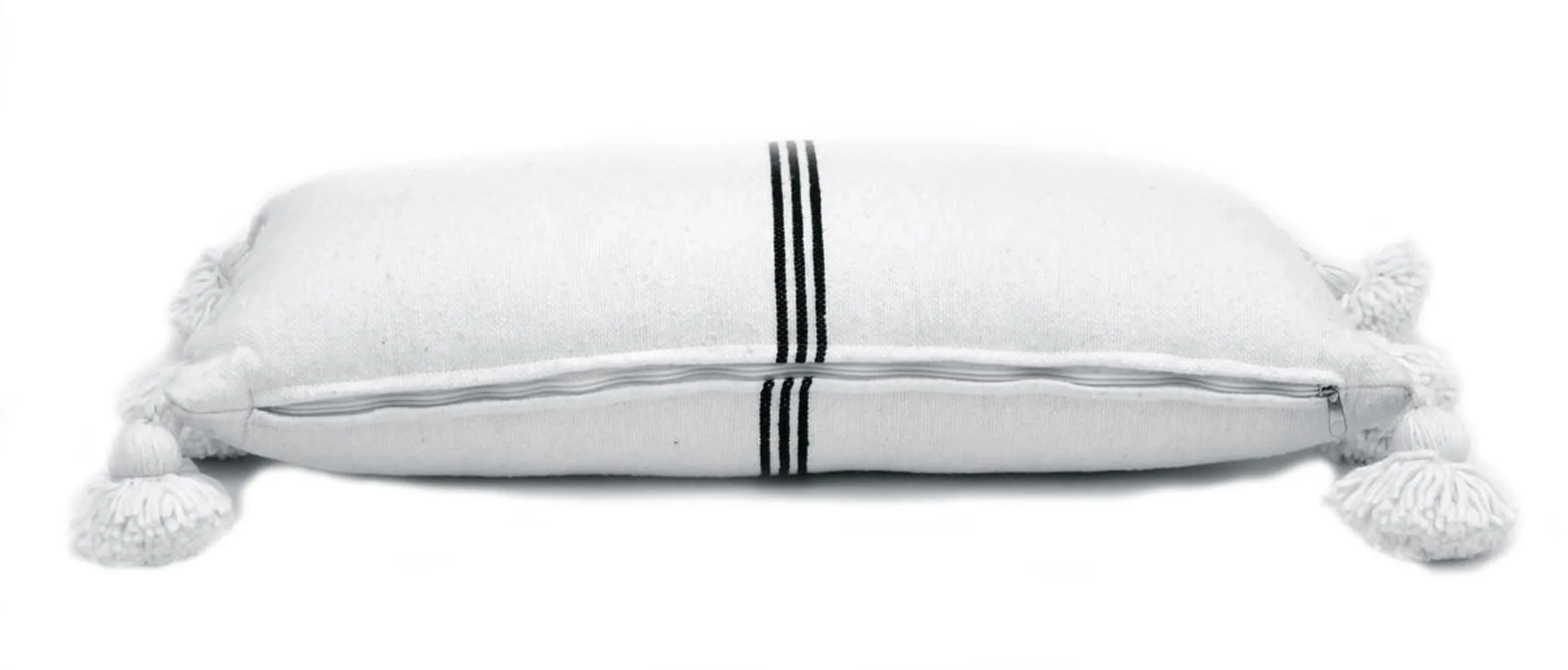 Moroccan PomPom Lumbar Pillow Cover - White with Thin Black Stripes - Dakhla