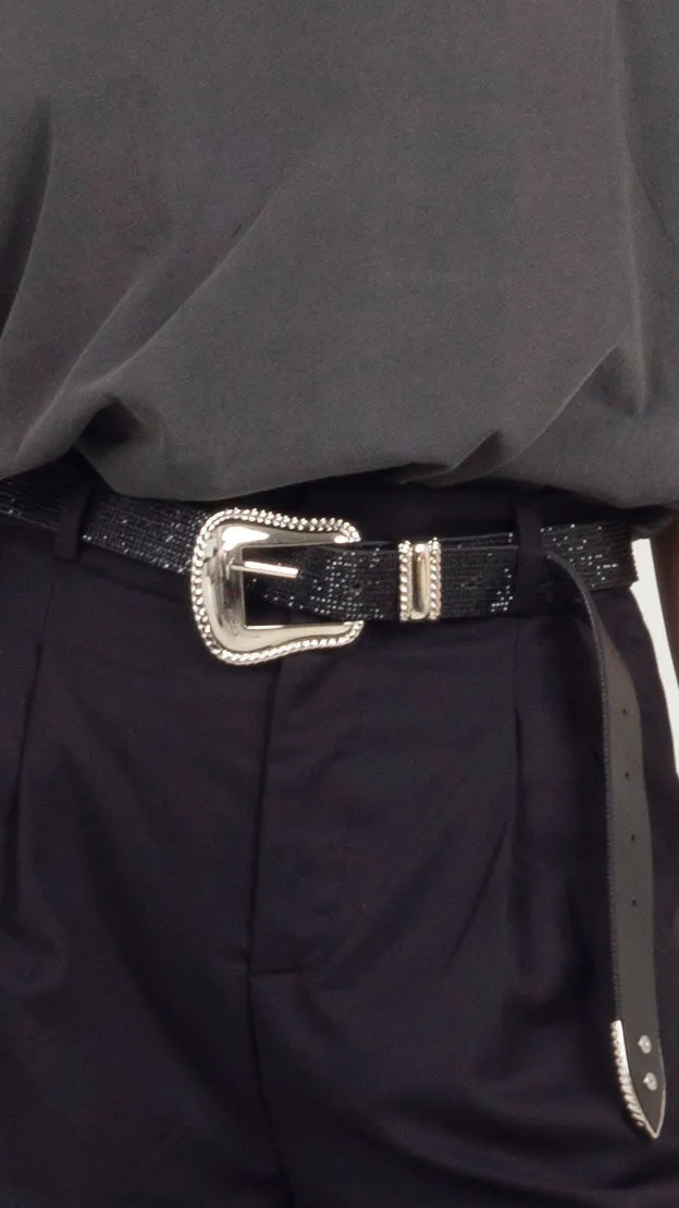 Rhinestone Belt w/ Western Buckle - Black