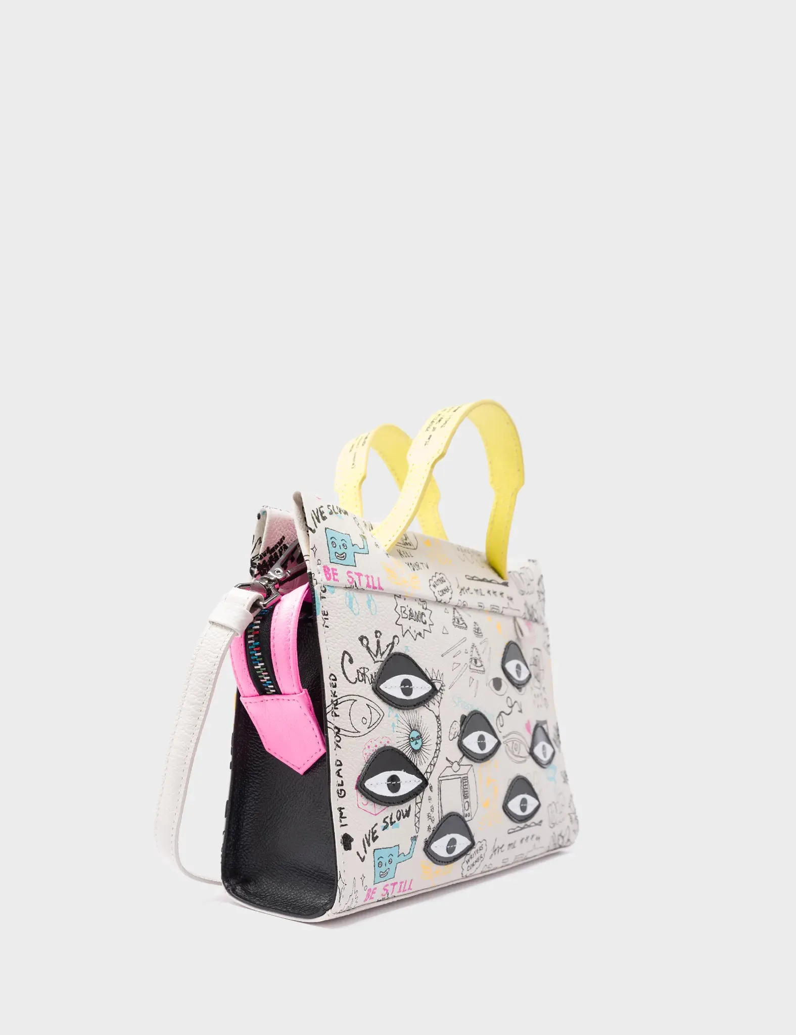 Vali Crossbody Small Cream Leather Bag - Urban Doodles Print and Eyes Applique