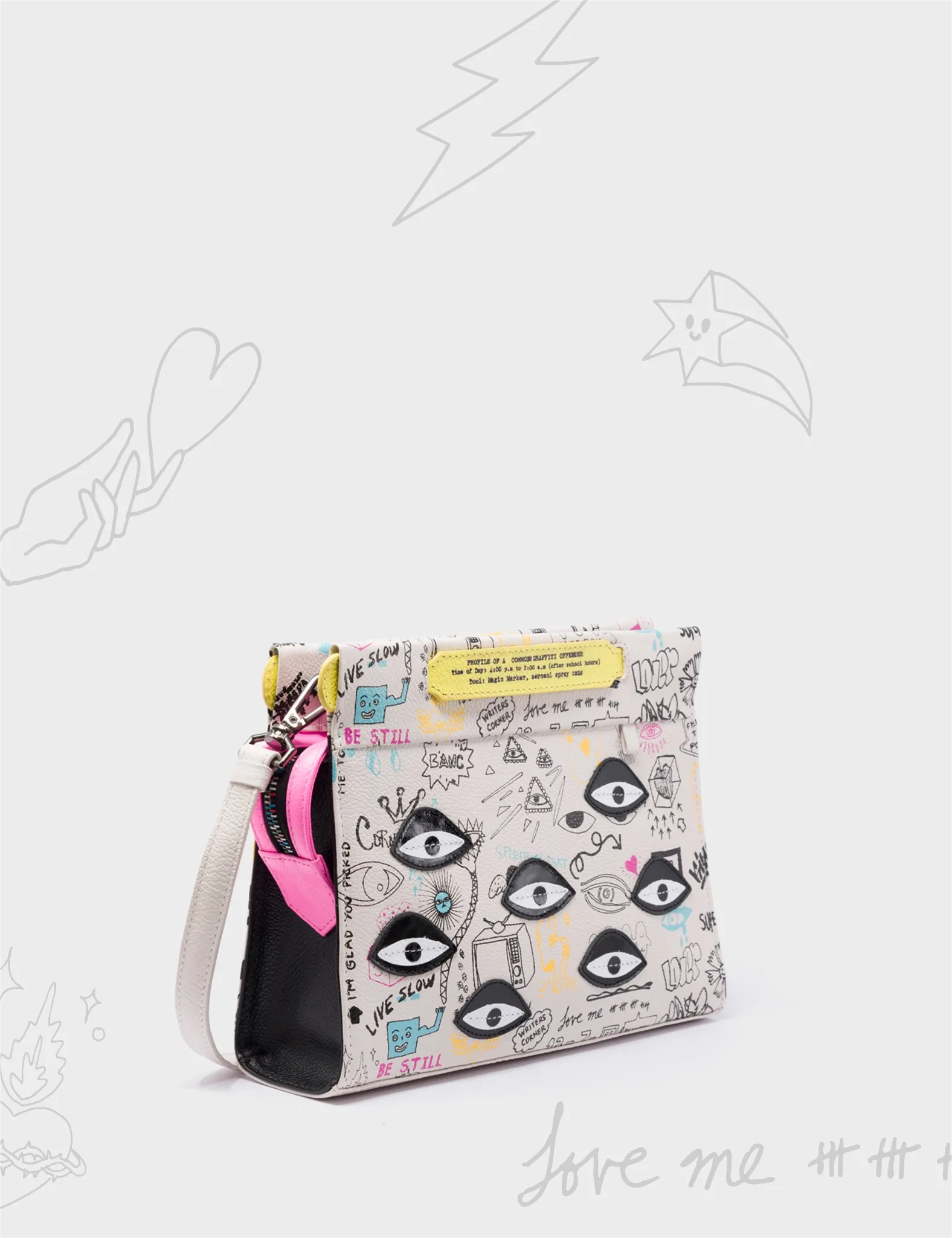 Vali Crossbody Small Cream Leather Bag - Urban Doodles Print and Eyes Applique