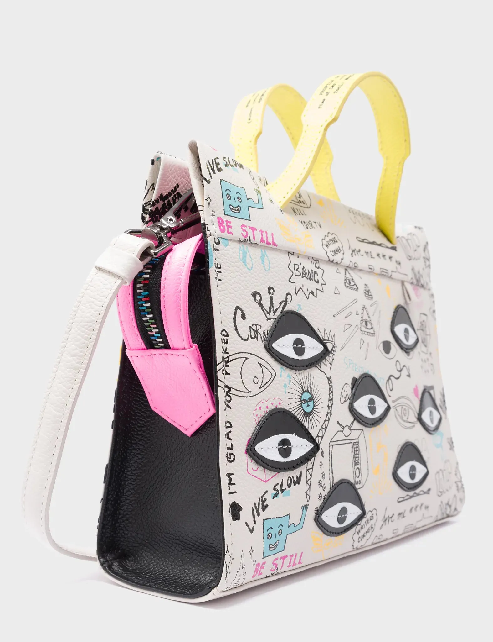 Vali Crossbody Small Cream Leather Bag - Urban Doodles Print and Eyes Applique