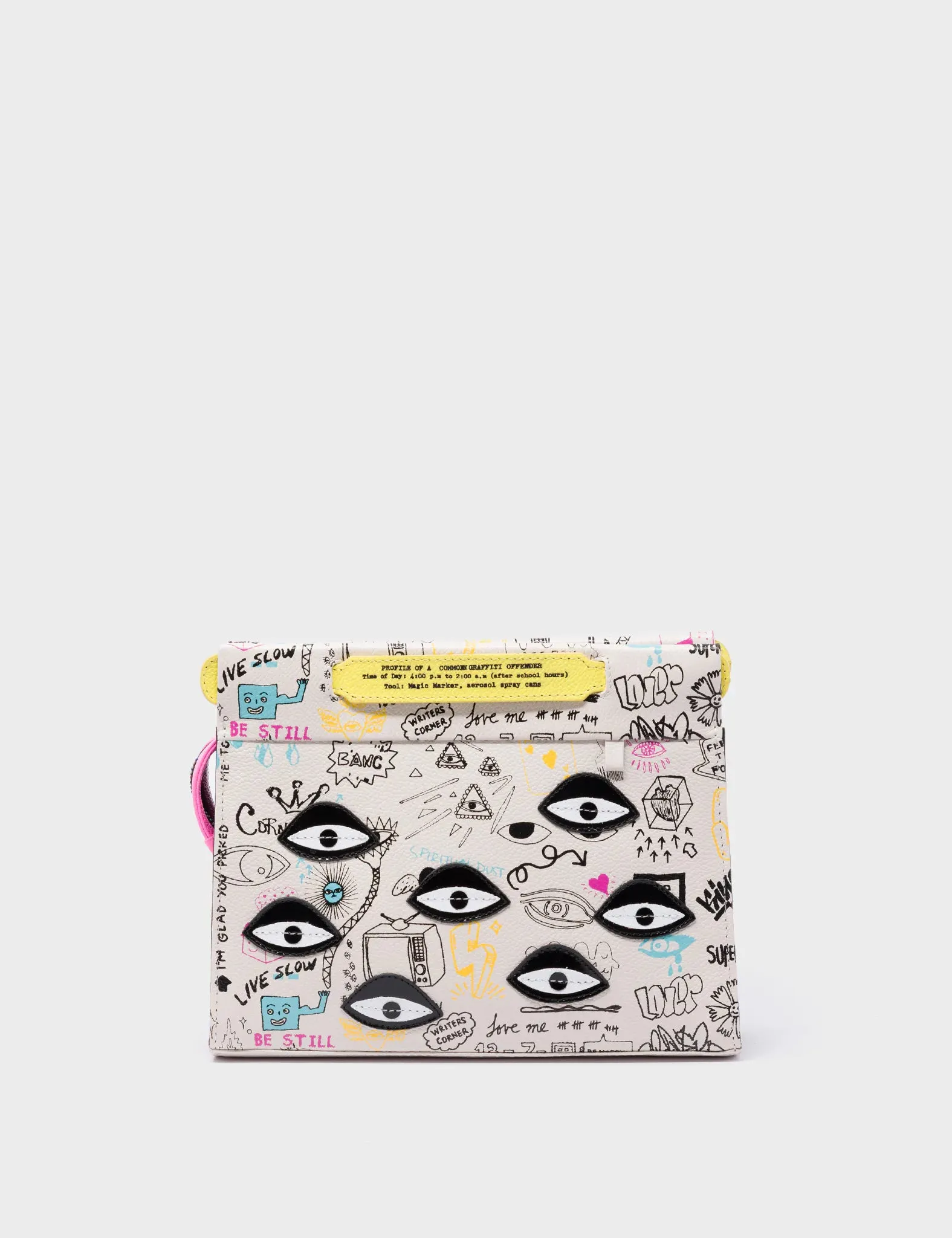 Vali Crossbody Small Cream Leather Bag - Urban Doodles Print and Eyes Applique