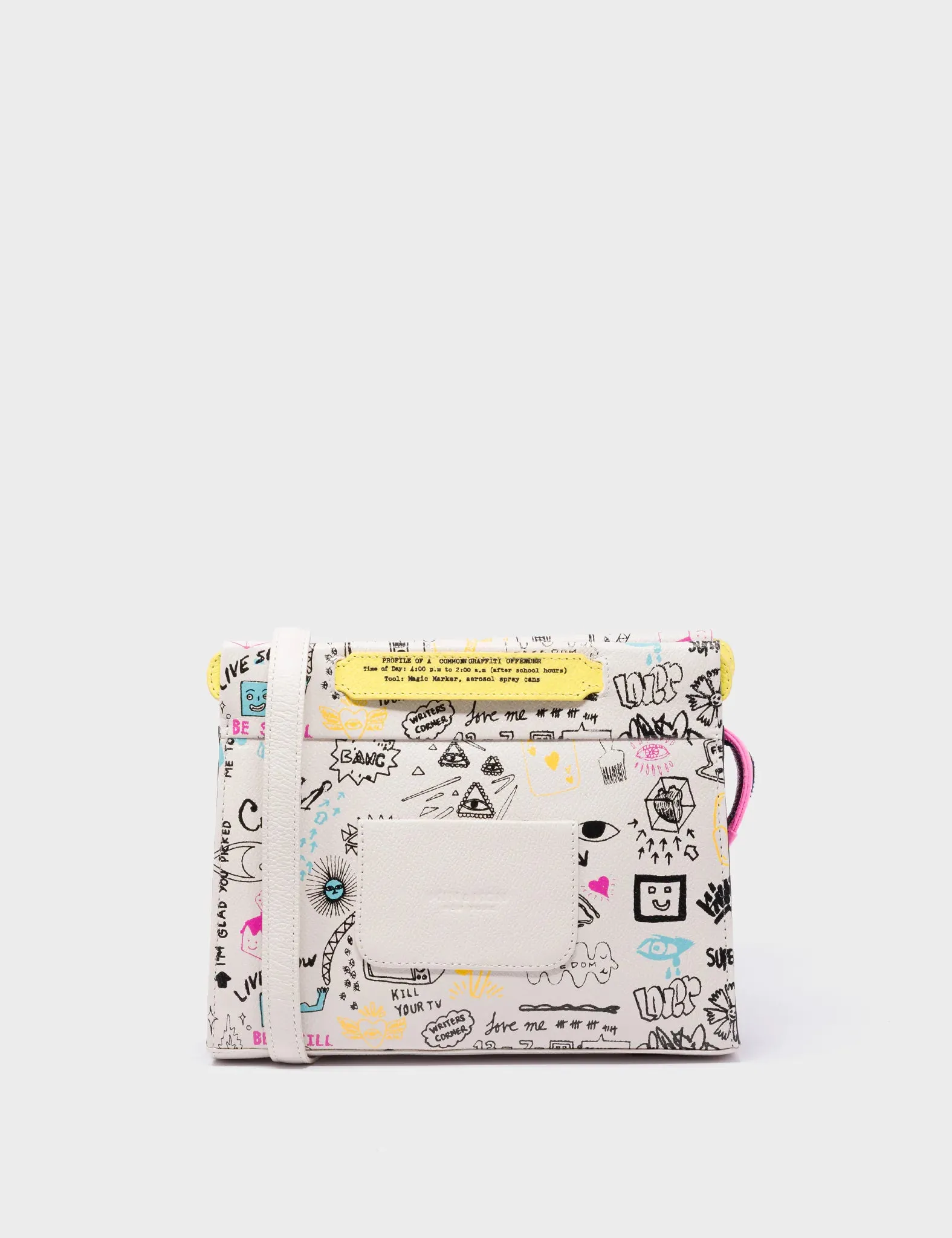 Vali Crossbody Small Cream Leather Bag - Urban Doodles Print and Eyes Applique