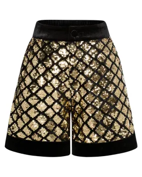 Vintage Sequined Shorts Contrast Fabric Elastic Waist Shorts