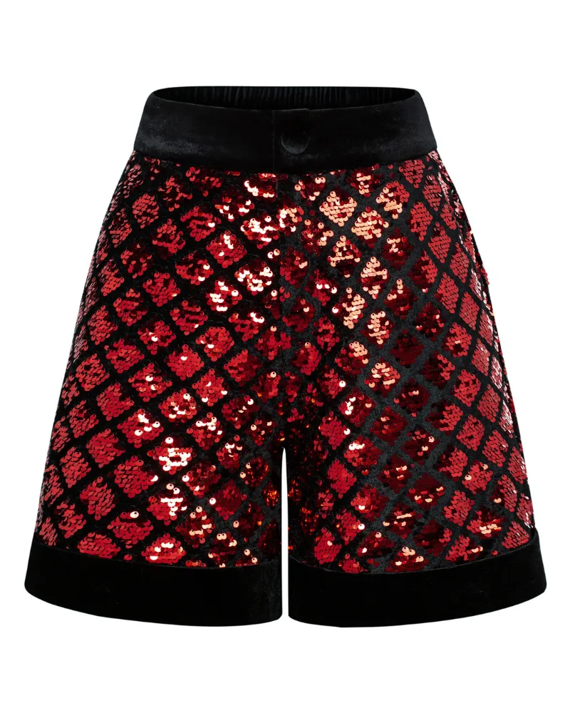 Vintage Sequined Shorts Contrast Fabric Elastic Waist Shorts